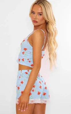 Blue Poppy Print Lace Trim Short Pj Set
