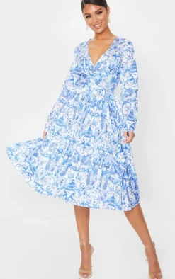 Blue Porcelain Print Long Sleeve Pleated Midi Dress