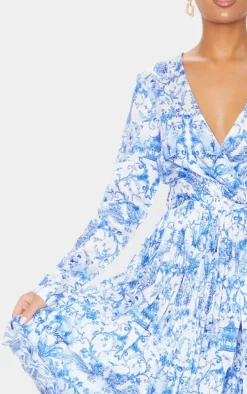 Blue Porcelain Print Long Sleeve Pleated Midi Dress