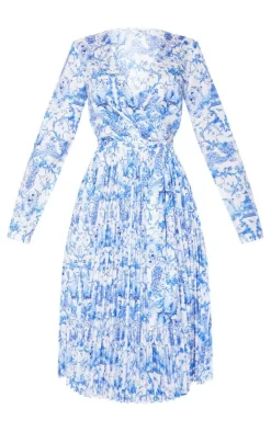 Blue Porcelain Print Long Sleeve Pleated Midi Dress