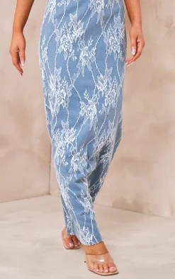 Blue Premium Lace Jacquard Lace Up Detail Maxi Skirt