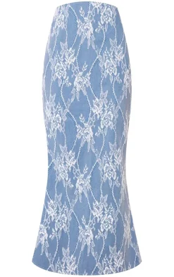 Blue Premium Lace Jacquard Lace Up Detail Maxi Skirt