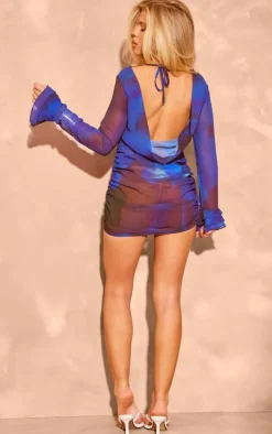 Blue Print Chiffon Cowl Back Shift Dress