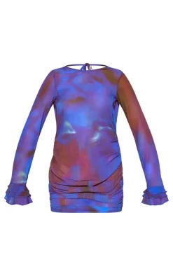 Blue Print Chiffon Cowl Back Shift Dress