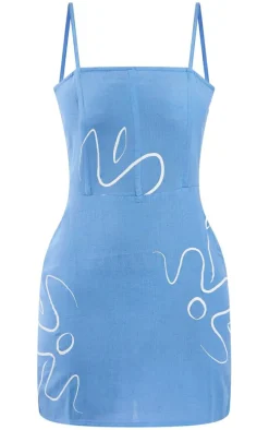 Blue Print Linen Look Strappy Bodycon Dress