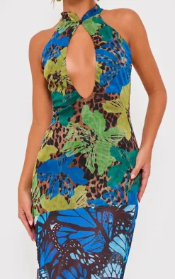 Blue Print Mesh Extreme Cut Out Maxi Dress