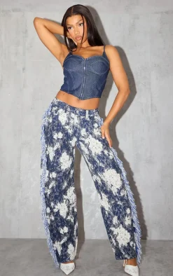 Blue Printed Jacquard Twill Tassel Side Pants