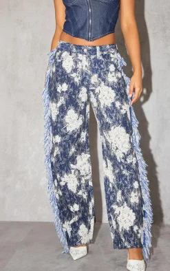 Blue Printed Jacquard Twill Tassel Side Pants