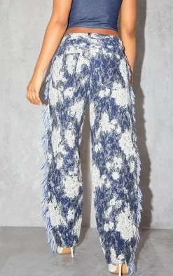 Blue Printed Jacquard Twill Tassel Side Pants