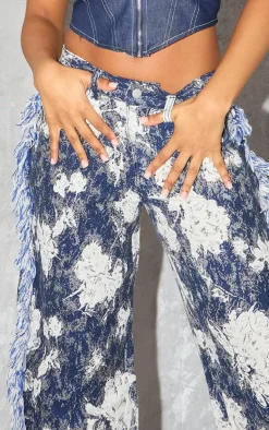 Blue Printed Jacquard Twill Tassel Side Pants