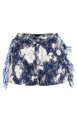 Blue Printed Jacquard Twill Tassel Side Shorts