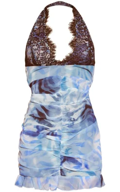 Blue Printed Lace Cup Ruched Front Mini Dress