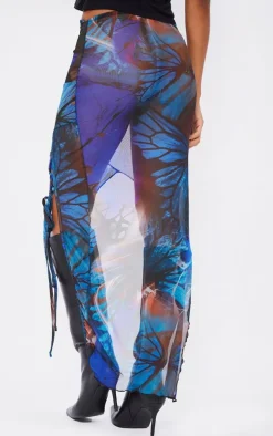 Blue Printed Mesh Asymmetric Hem Maxi Skirt