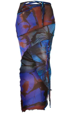 Blue Printed Mesh Asymmetric Hem Maxi Skirt