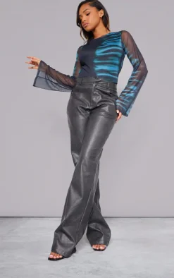 Blue Printed Mesh Backless Bodysuit