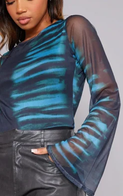 Blue Printed Mesh Backless Bodysuit