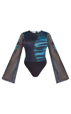 Blue Printed Mesh Backless Bodysuit