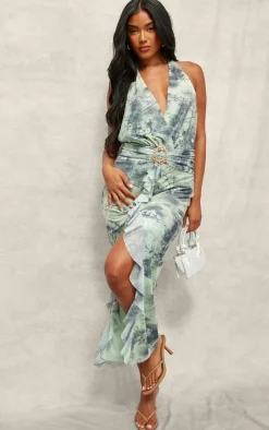 Blue Printed Mesh Halter Neck Midaxi Dress