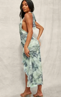 Blue Printed Mesh Halter Neck Midaxi Dress