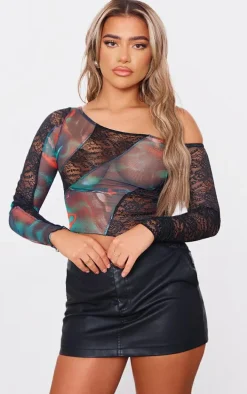 Blue Printed Mesh Lace Panelled Asymmetric Hem Top