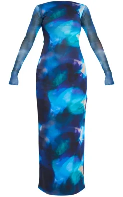 Blue Printed Mesh Long Sleeve Maxi Dress