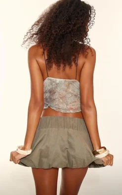 Blue Printed Mesh Strappy Lettuce Hem Cami Top