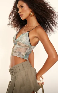 Blue Printed Mesh Strappy Lettuce Hem Cami Top