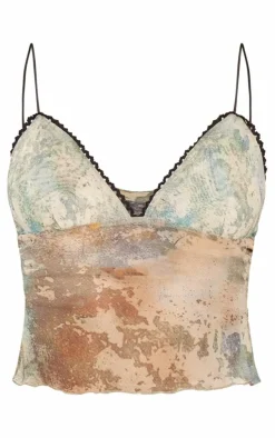 Blue Printed Mesh Strappy Lettuce Hem Cami Top