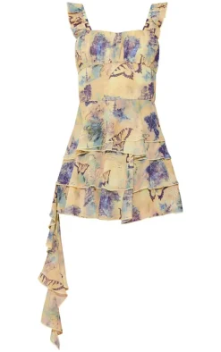 Blue Printed Ruffle Detail Chiffon Frilly Skort Romper