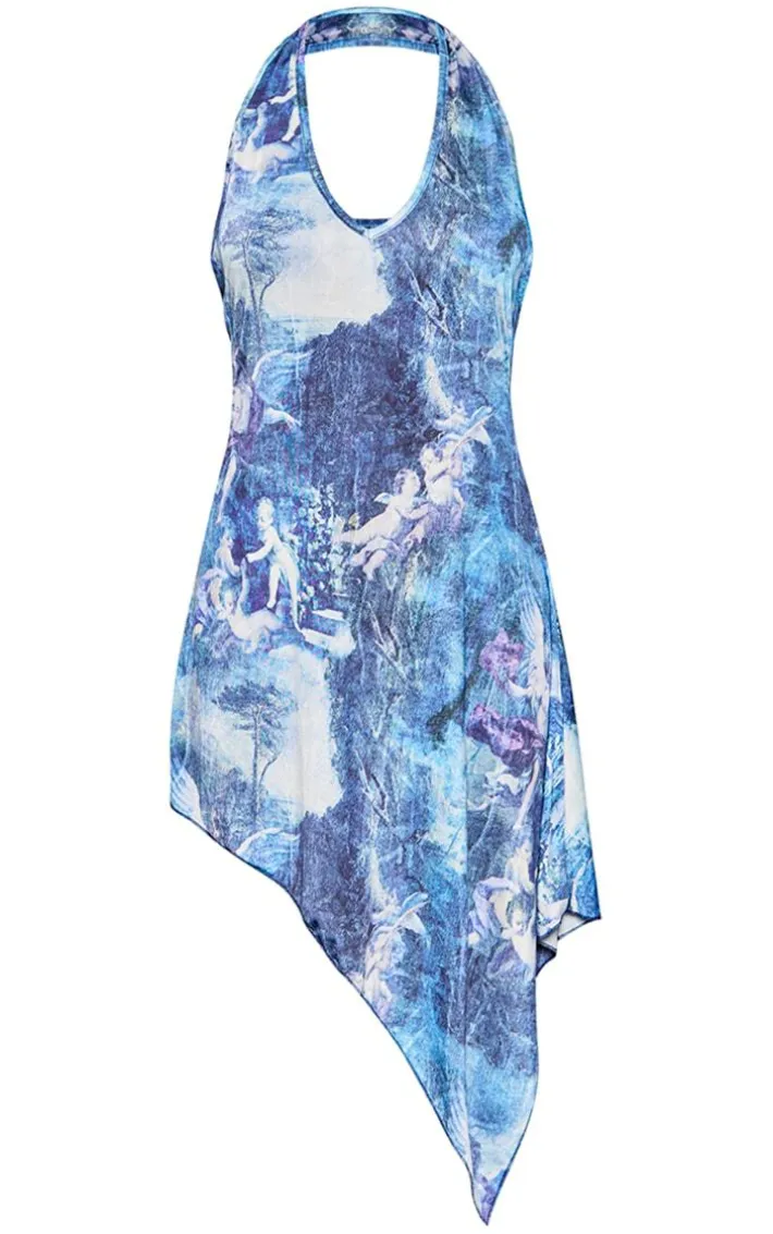 Blue Printed Slinky Halterneck Asymmetric Hem Shift Dress