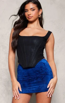 Blue Printed Soft Touch Devore Ruched Side Mini Skirt