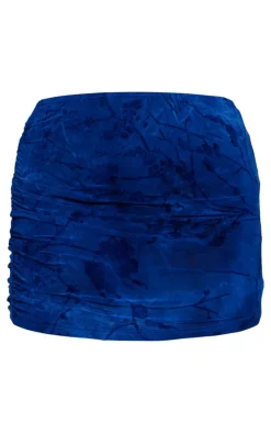 Blue Printed Soft Touch Devore Ruched Side Mini Skirt