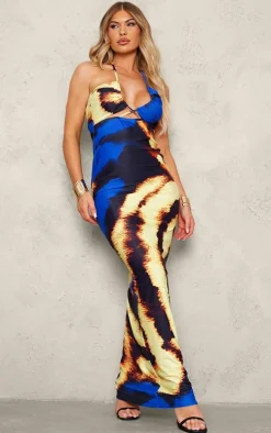 Blue Printed Soft Touch Halter Neck Cut Out Maxi Dress