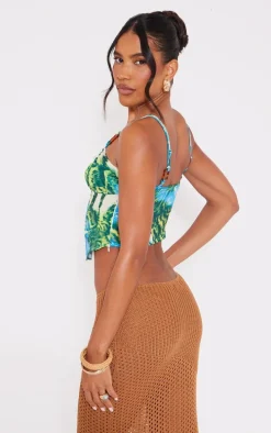 Blue Printed Textured Satin Tortoise Shell Detail Corset