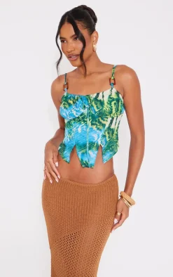 Blue Printed Textured Satin Tortoise Shell Detail Corset