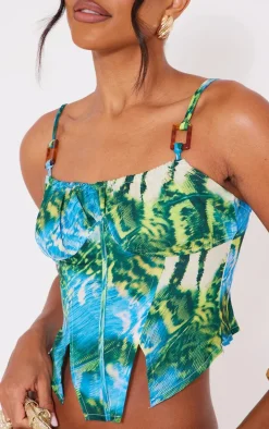 Blue Printed Textured Satin Tortoise Shell Detail Corset