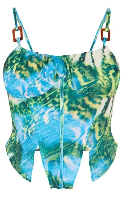 Blue Printed Textured Satin Tortoise Shell Detail Corset