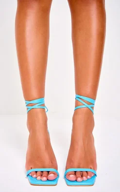 Blue PU Square Toe Lace Up Mid Heeled Sandals