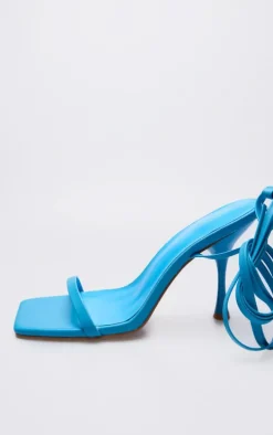Blue PU Square Toe Lace Up Mid Heeled Sandals