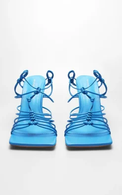 Blue PU Square Toe Woven Lace Heeled Sandals
