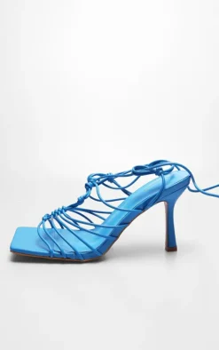 Blue PU Square Toe Woven Lace Heeled Sandals