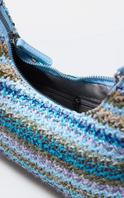 Blue Raffia Curved Handle Shoulder Bag