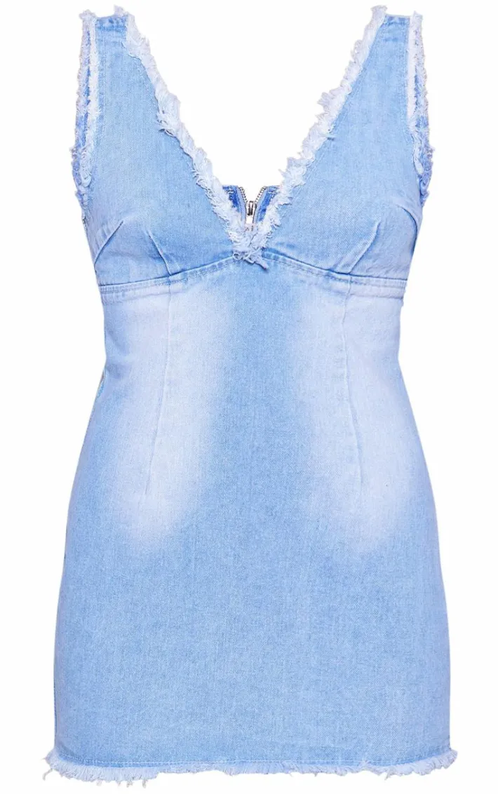 Blue Raw Edge Detail Plunge Denim Mini Dress