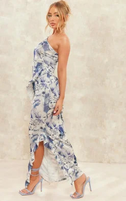 Blue Renaissance Print Acetate Slinky One Shoulder Frill Detail Maxi Dress