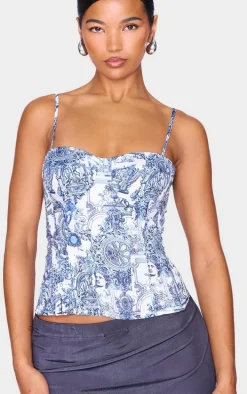Blue Renaissance Print Structured Corset Top