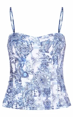 Blue Renaissance Print Structured Corset Top
