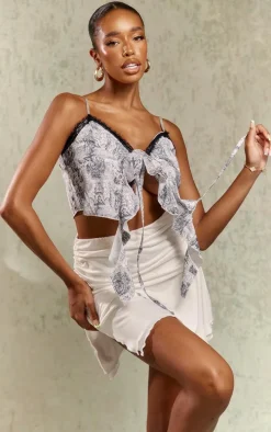 Blue Renaissance Woven Frill Split Lace Trim Front Cami Top