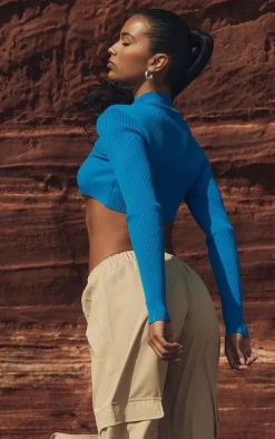 Blue Rib Knit Twist Front Top