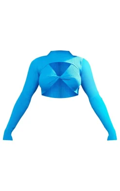 Blue Rib Knit Twist Front Top