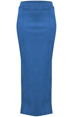 Blue Ribbed Pocket Back Detail Maxi Skirt